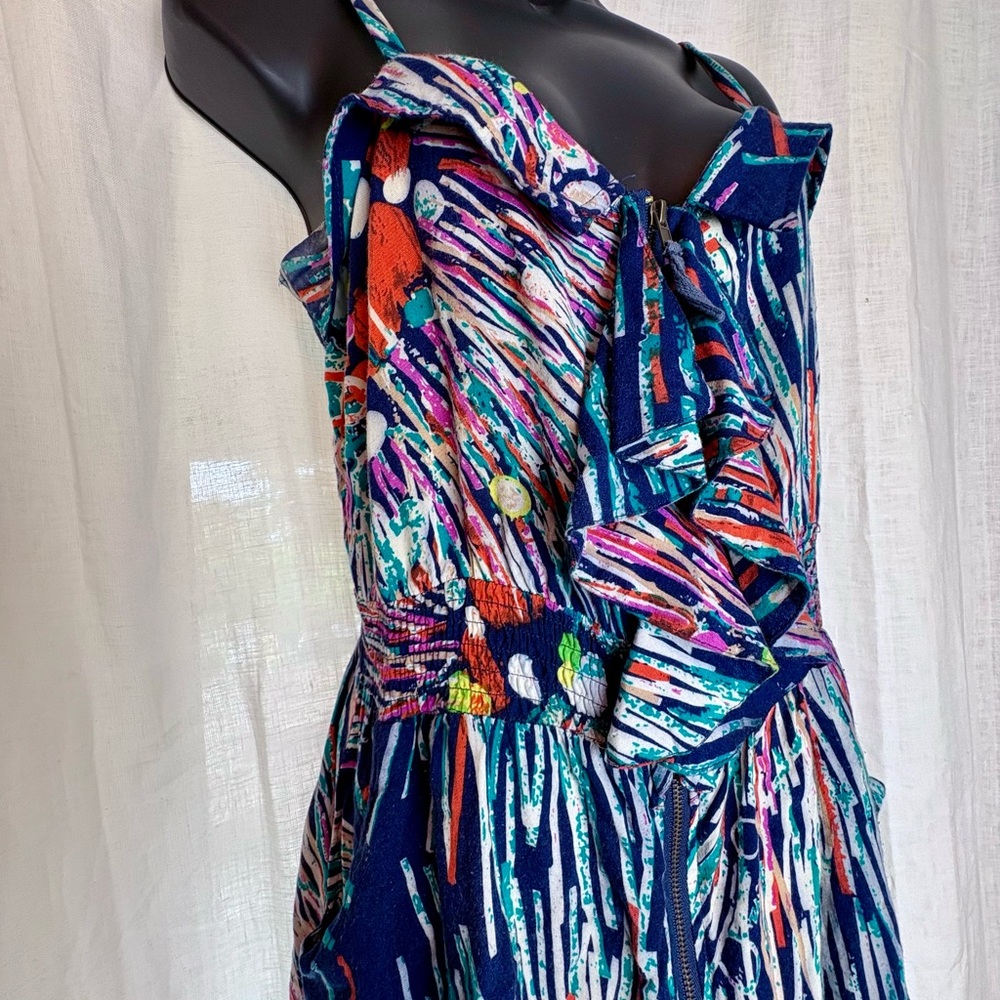 Colorful Abstract Print Ruffle Pocket  Mini Zipper Dress